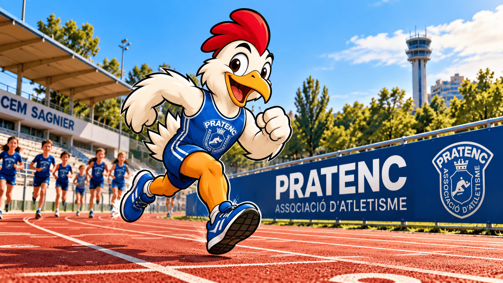 Mascota del Pratenc Associació d’Atletisme corriendo en la pista del CEM Sagnier